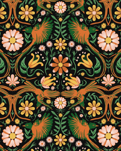 Folkie Birdie Wallpaper, black, orange and green- Samantha Santana Creative- {{Product type}}