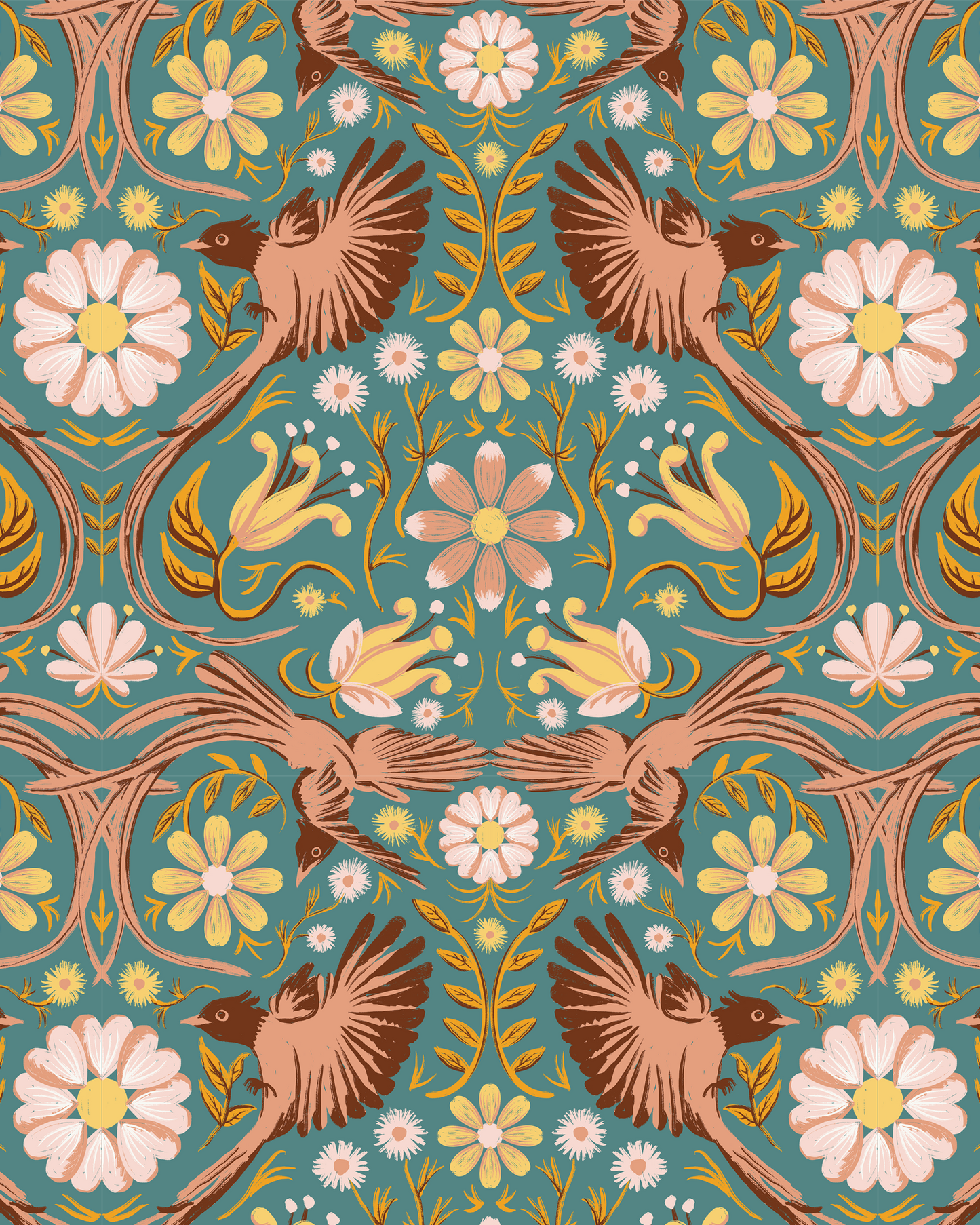 Folkie Birdie Wallpaper, dusty teal, peach and rust- Samantha Santana Creative- {{Product type}}