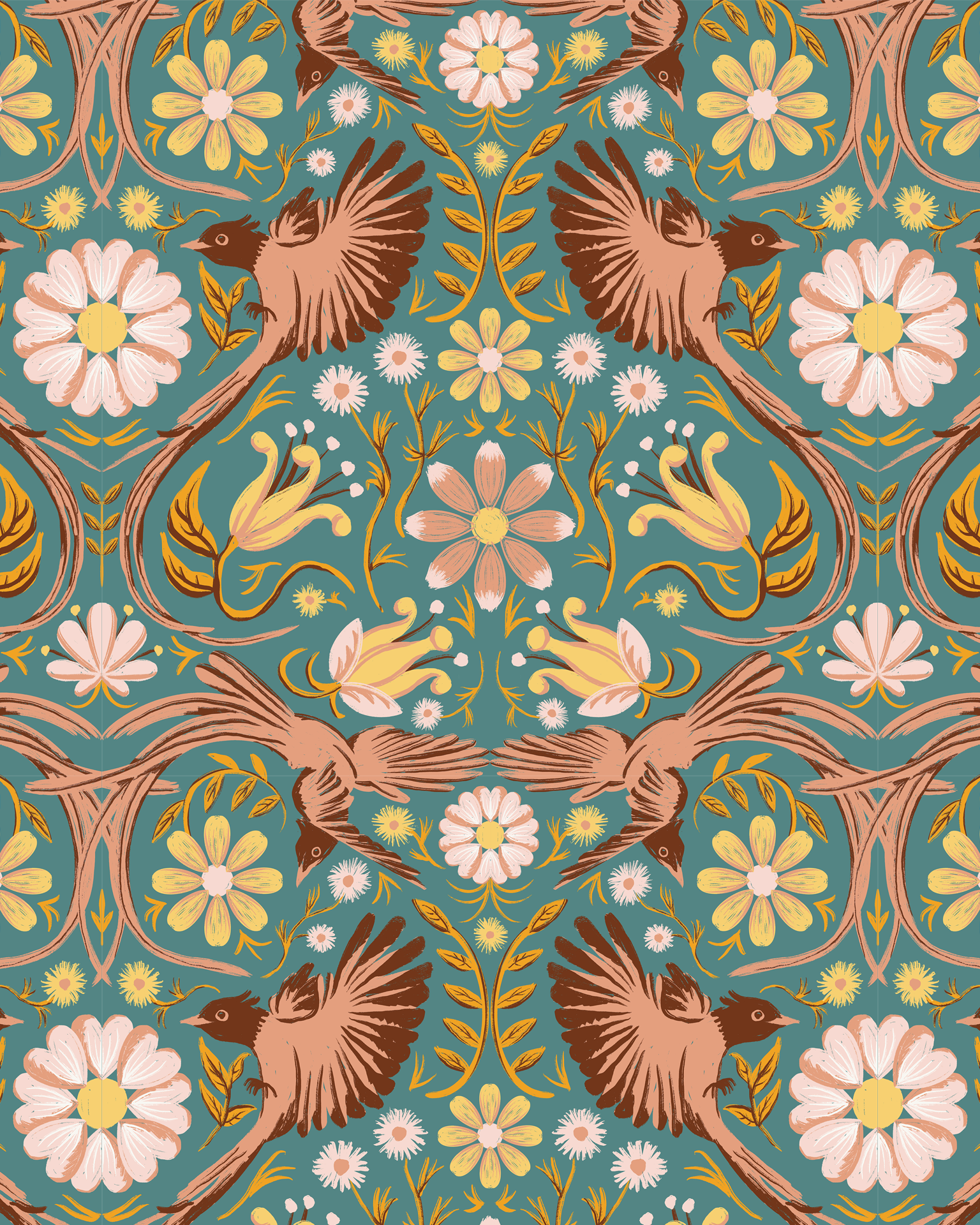 Folkie Birdie Wallpaper, dusty teal, peach and rust- Samantha Santana Creative- {{Product type}}