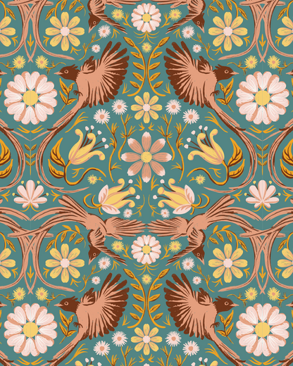 Folkie Birdie Wallpaper, dusty teal, peach and rust- Samantha Santana Creative- {{Product type}}