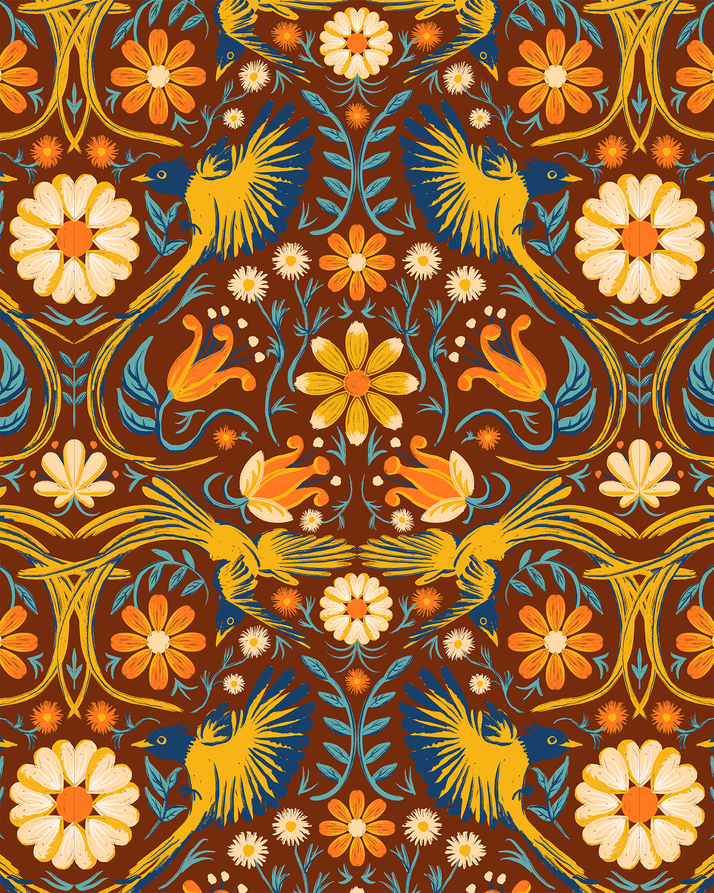Folkie Birdie Wallpaper, rust, marigold and blue- Samantha Santana Creative- {{Product type}}