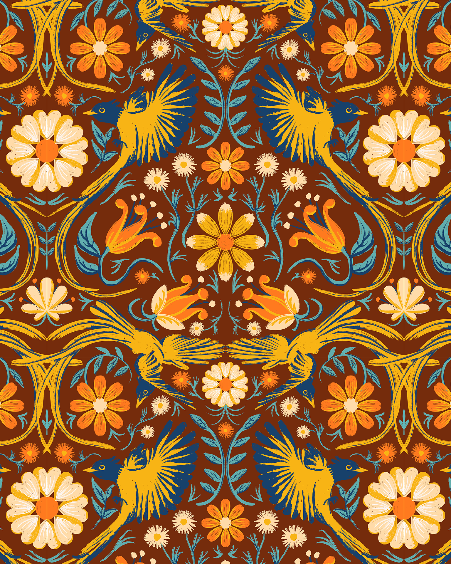Folkie Birdie Wallpaper, rust, marigold and blue- Samantha Santana Creative- {{Product type}}