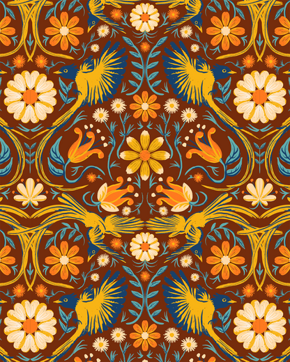 Folkie Birdie Wallpaper, rust, marigold and blue- Samantha Santana Creative- {{Product type}}