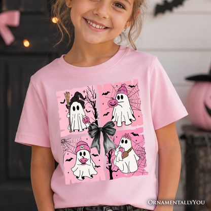 Kids Pink Halloween Ghost T-Shirt, Coquette Spooky Season Tee for Youth - - Kid's T-Shirts