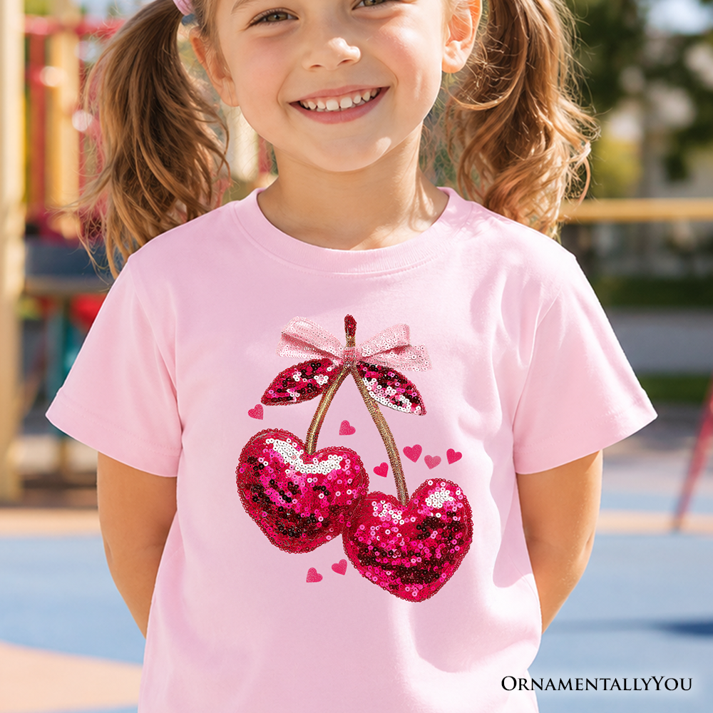 Kids Sequin Pink Cherry Heart Valentine T-Shirt, Mood for Love Coquette Tee for Youth Girls - - Kid's T-Shirts