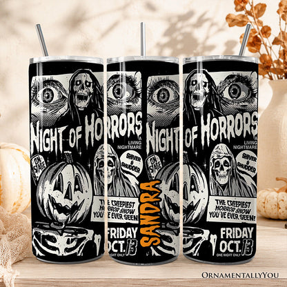Night of Horrors Retro Halloween 20oz Personalized Tumbler With Lid and Stainless Steel Straw, Vintage Spooky Poster Gift Cup - Customized - Tumbler