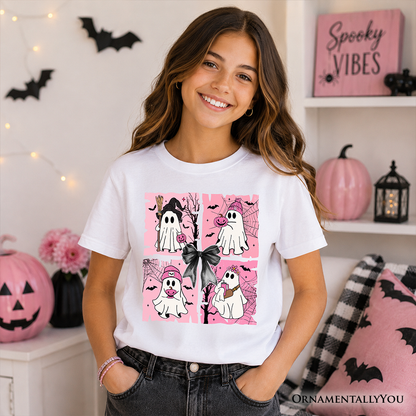Kids Pink Halloween Ghost T-Shirt, Coquette Spooky Season Tee for Youth - - Kid's T-Shirts