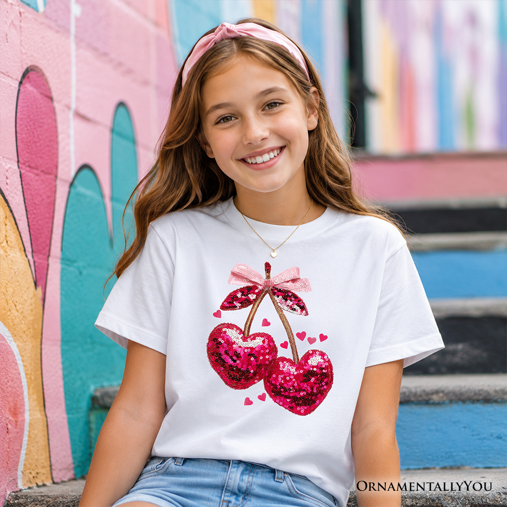 Kids Sequin Pink Cherry Heart Valentine T-Shirt, Mood for Love Coquette Tee for Youth Girls - - Kid's T-Shirts