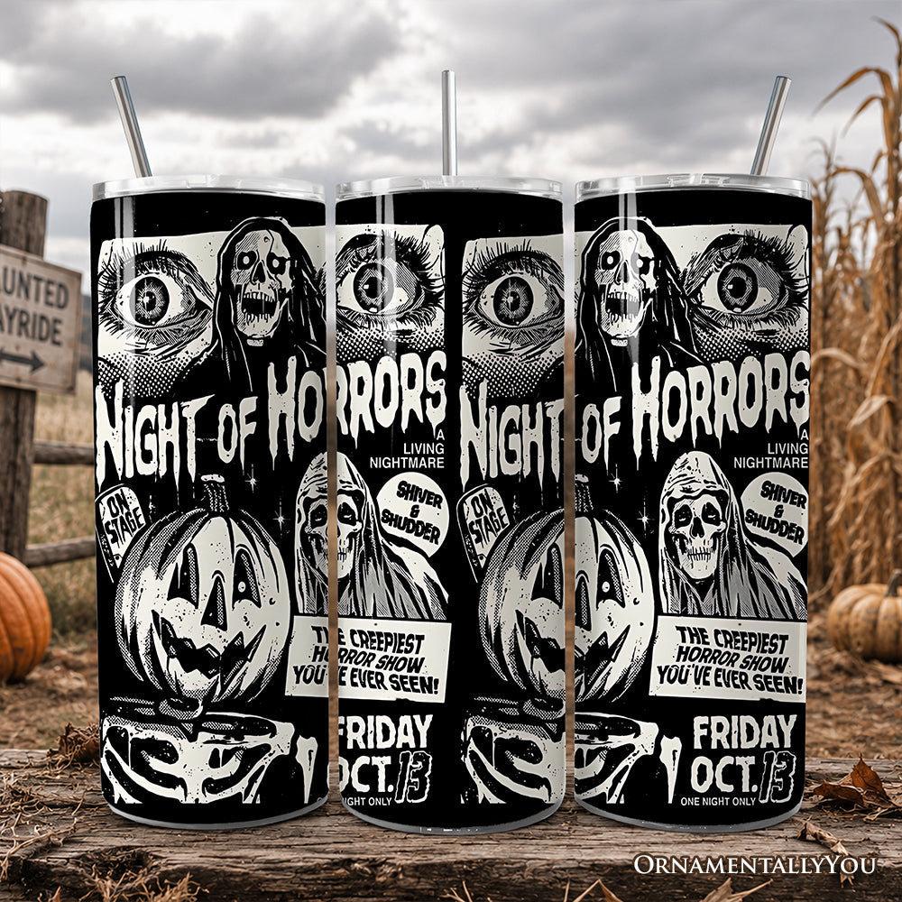 Night of Horrors Retro Halloween 20oz Personalized Tumbler With Lid and Stainless Steel Straw, Vintage Spooky Poster Gift Cup - Non-Customized - Tumbler
