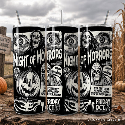 Night of Horrors Retro Halloween 20oz Personalized Tumbler With Lid and Stainless Steel Straw, Vintage Spooky Poster Gift Cup - Non-Customized - Tumbler