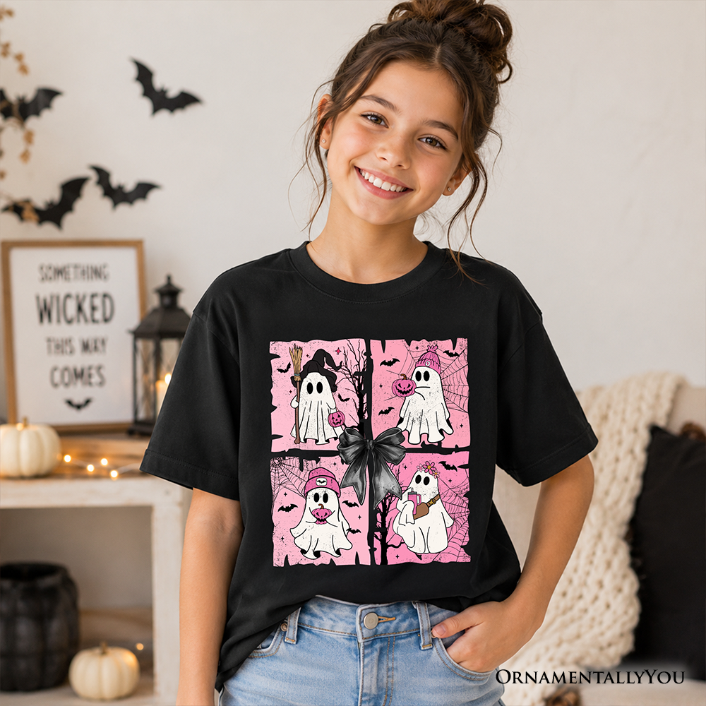 Kids Pink Halloween Ghost T-Shirt, Coquette Spooky Season Tee for Youth - - Kid's T-Shirts
