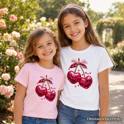 Kids Sequin Pink Cherry Heart Valentine T-Shirt, Mood for Love Coquette Tee for Youth Girls - - Kid's T-Shirts