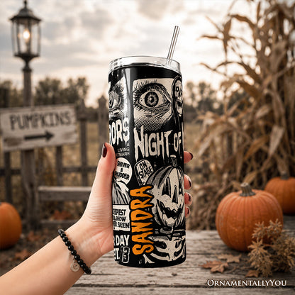 Night of Horrors Retro Halloween 20oz Personalized Tumbler With Lid and Stainless Steel Straw, Vintage Spooky Poster Gift Cup - - Tumbler