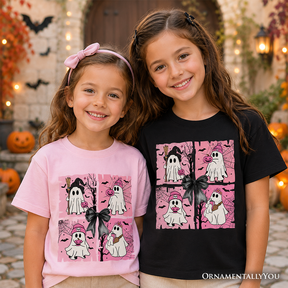 Kids Pink Halloween Ghost T-Shirt, Coquette Spooky Season Tee for Youth - - Kid's T-Shirts
