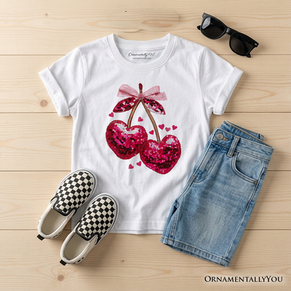 Kids Sequin Pink Cherry Heart Valentine T-Shirt, Mood for Love Coquette Tee for Youth Girls - White - Kid's T-Shirts