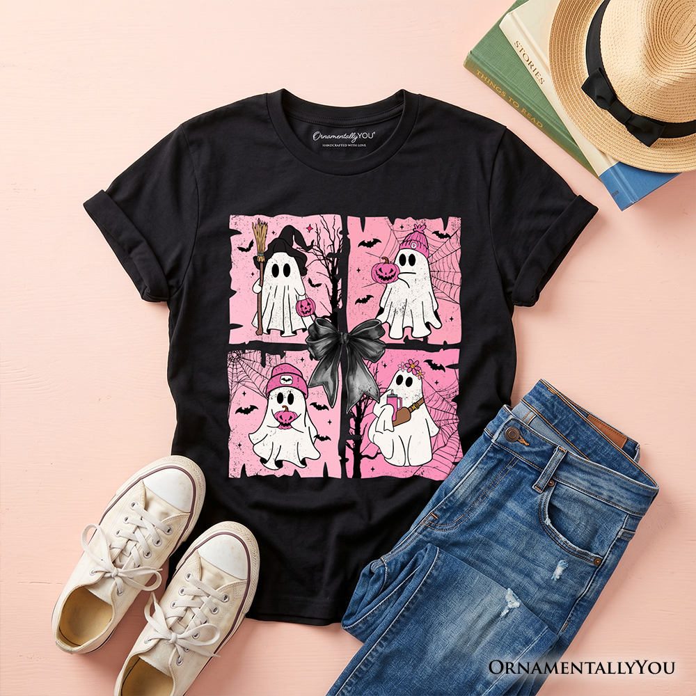 Kids Pink Halloween Ghost T-Shirt, Coquette Spooky Season Tee for Youth - Black - Kid's T-Shirts