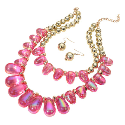 Chunky Beaded Double Layered Statement Necklace - Fuchsia Gold - Necklace