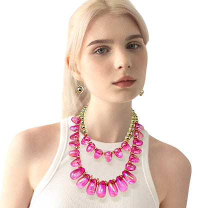 Chunky Beaded Double Layered Statement Necklace - - Necklace