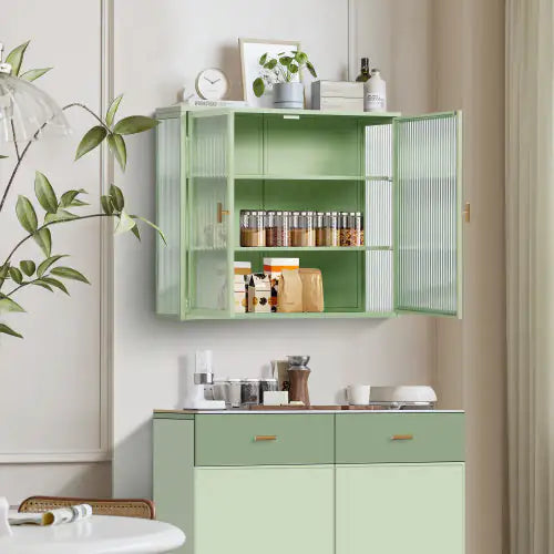Mint Green Glass Double Door Wall Cabinet With Three Levels - Kia Day Design