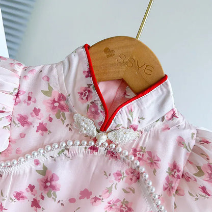 Summer Pearl Crystal Button Qipao Dress for Girls - Kia Day Design