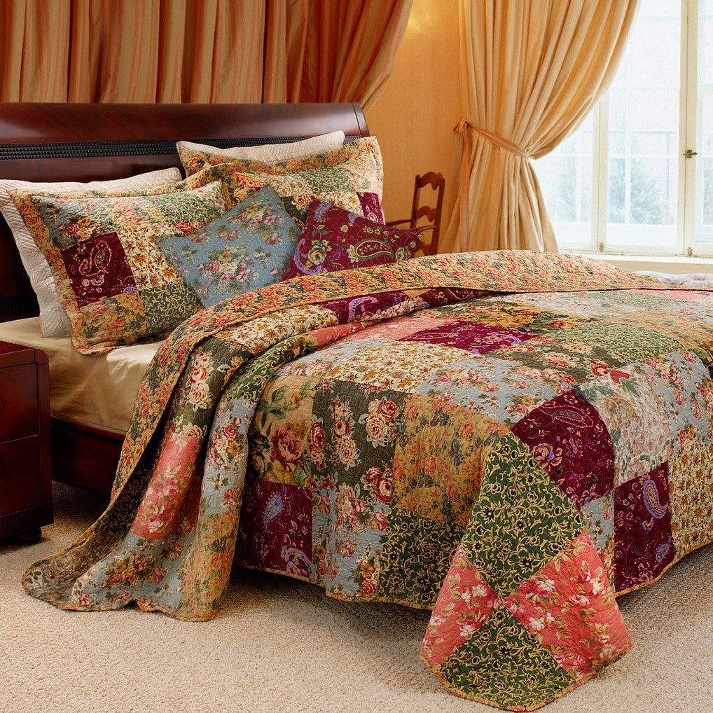 Full / Queen size 100% Cotton Patchwork Quilt Set with Floral Paisley Pattern - - Bedroom > Quilts & Blankets