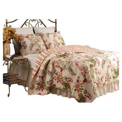 Full / Queen size Piece 100% Cotton Quilt Set Crimson Clover Floral - - Bedroom > Quilts & Blankets