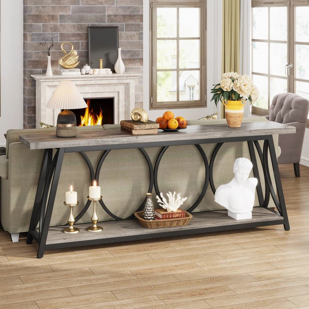 Industrial 70-inch Grey Wood Top Sofa Table with Heavy Duty Black Metal Frame - - Living Room > Console & Sofa Tables