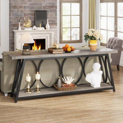 Industrial 70-inch Grey Wood Top Sofa Table with Heavy Duty Black Metal Frame - - Living Room > Console & Sofa Tables