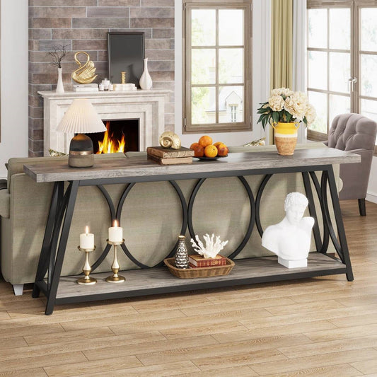 Industrial 70-inch Grey Wood Top Sofa Table with Heavy Duty Black Metal Frame - - Living Room > Console & Sofa Tables