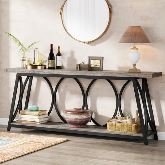 Industrial 70-inch Grey Wood Top Sofa Table with Heavy Duty Black Metal Frame - - Living Room > Console & Sofa Tables