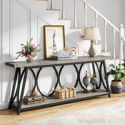 Industrial 70-inch Grey Wood Top Sofa Table with Heavy Duty Black Metal Frame - - Living Room > Console & Sofa Tables