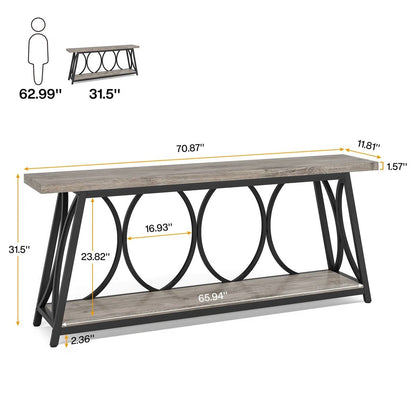 Industrial 70-inch Grey Wood Top Sofa Table with Heavy Duty Black Metal Frame - - Living Room > Console & Sofa Tables