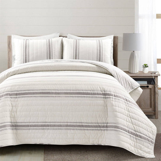 Full / Queen Grey Off-White 3 Piece Stripe Reversible Cotton Quilt Set - - Bedroom > Quilts & Blankets