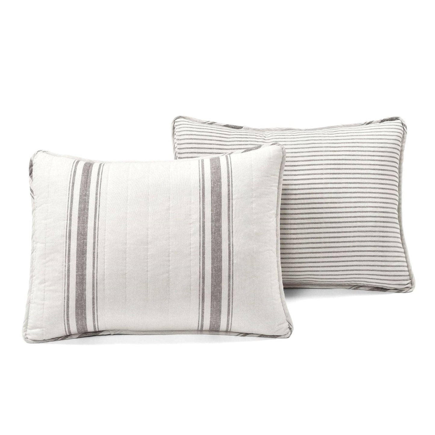 Full / Queen Grey Off-White 3 Piece Stripe Reversible Cotton Quilt Set - - Bedroom > Quilts & Blankets