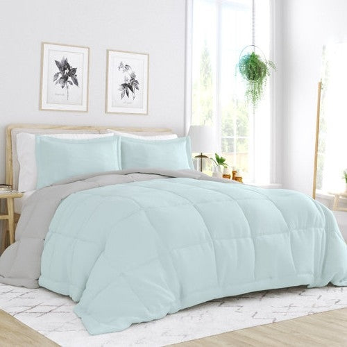 Full/Queen size 3-Piece Microfiber Reversible Comforter Set Aqua Blue and Grey - - Bedroom > Comforters and Sets