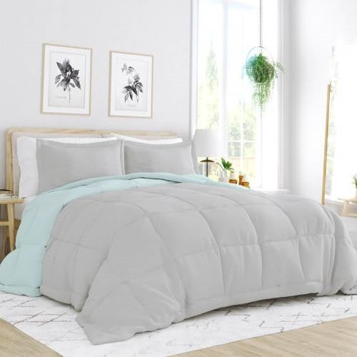 Full/Queen size 3-Piece Microfiber Reversible Comforter Set Aqua Blue and Grey - - Bedroom > Comforters and Sets