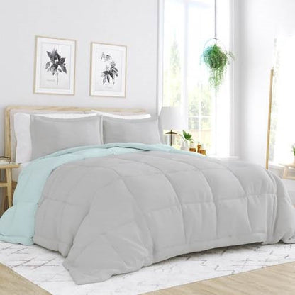 Full/Queen size 3-Piece Microfiber Reversible Comforter Set Aqua Blue and Grey - - Bedroom > Comforters and Sets