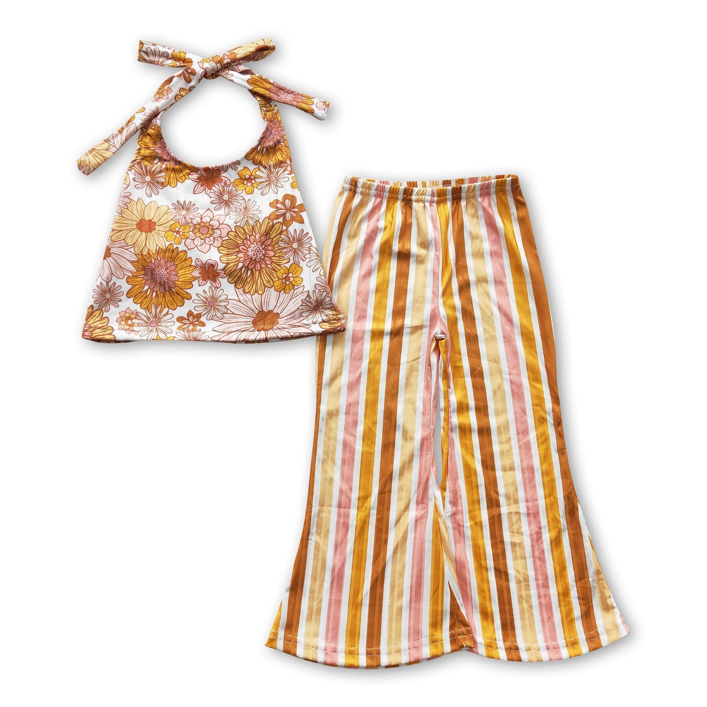 Flower halter top stripe pants kids girls clothing set - - spring,autumn clothes
