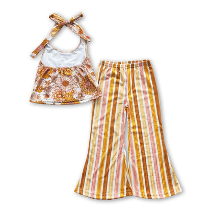 Flower halter top stripe pants kids girls clothing set - - spring,autumn clothes