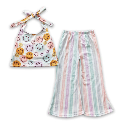 Smile halter top stripe pants kids girls clothing set - - spring,autumn clothes