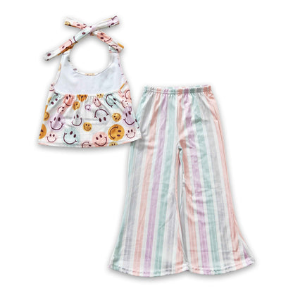 Smile halter top stripe pants kids girls clothing set - - spring,autumn clothes