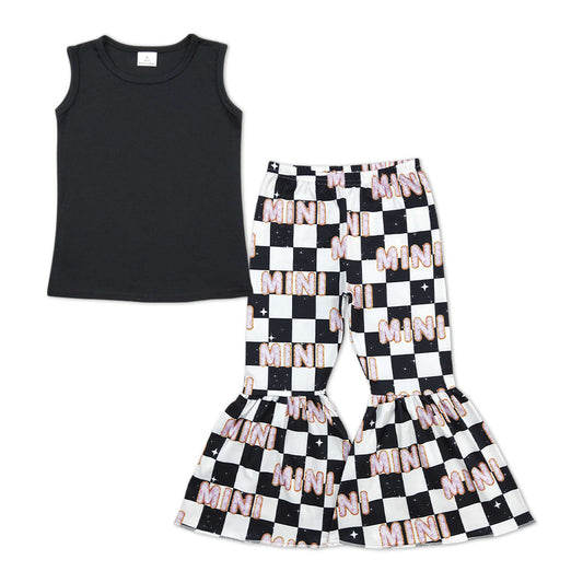 Black Cotton Top Mini Plaid Bell Bottom Pants - - toddler outfit