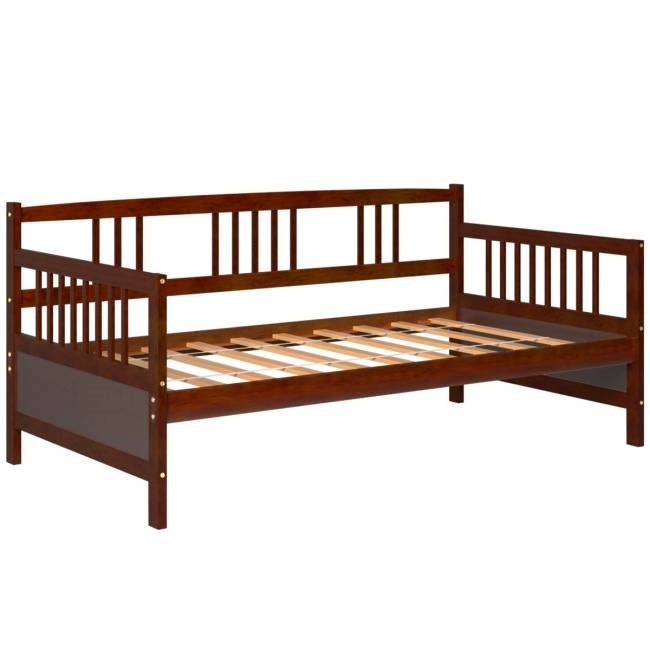 Twin size 2-in-1 Wood Daybed Frame Sofa Bed in Brown Cherry Finish - - Bedroom > Bed Frames > Daybeds