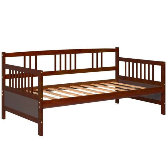 Twin size 2-in-1 Wood Daybed Frame Sofa Bed in Brown Cherry Finish - - Bedroom > Bed Frames > Daybeds