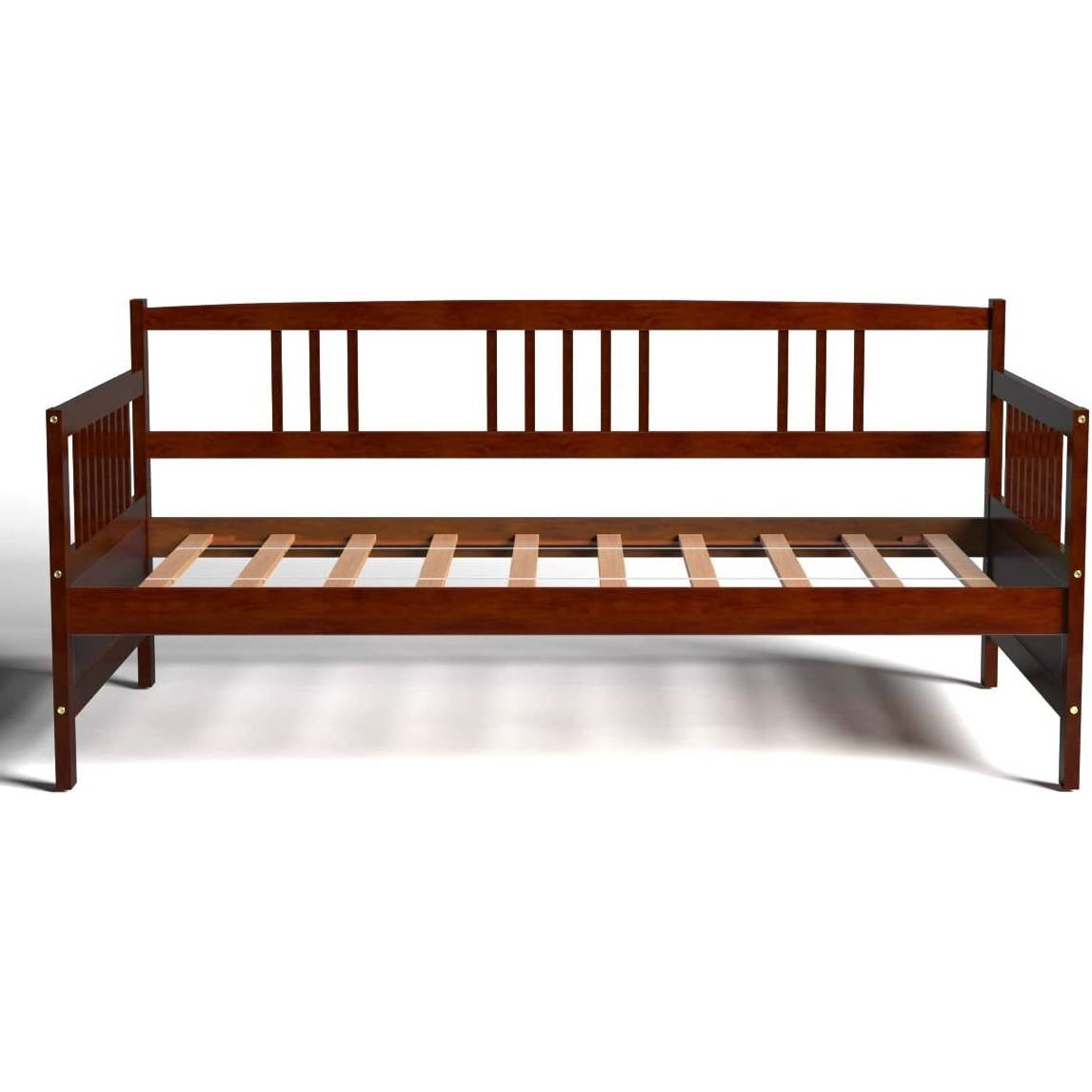 Twin size 2-in-1 Wood Daybed Frame Sofa Bed in Brown Cherry Finish - - Bedroom > Bed Frames > Daybeds