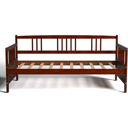 Twin size 2-in-1 Wood Daybed Frame Sofa Bed in Brown Cherry Finish - - Bedroom > Bed Frames > Daybeds