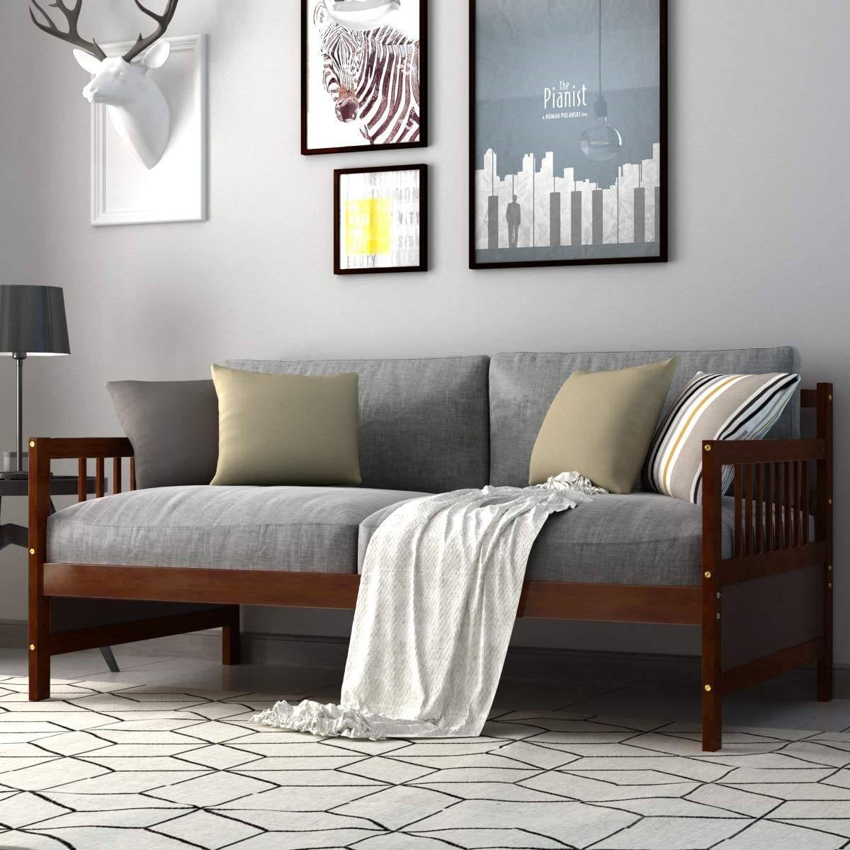 Twin size 2-in-1 Wood Daybed Frame Sofa Bed in Brown Cherry Finish - - Bedroom > Bed Frames > Daybeds
