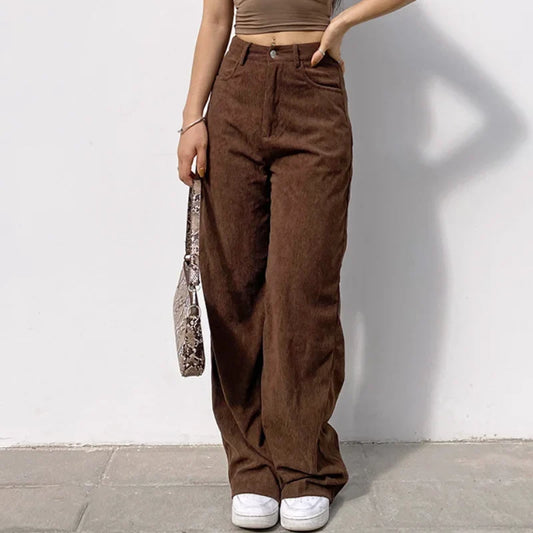 Women Casual Pants Retro Vintage Corduroy Spring High Waist Loose Slim Solid Casual All-match Straight-Leg Pants - -