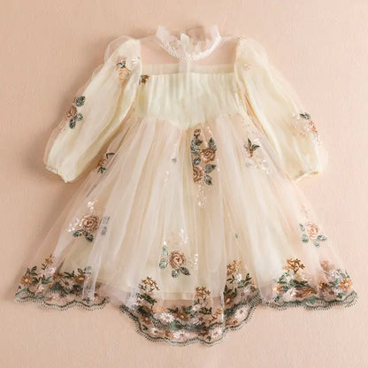 Spring Sequin Girls Dress cream floral 7T (140)