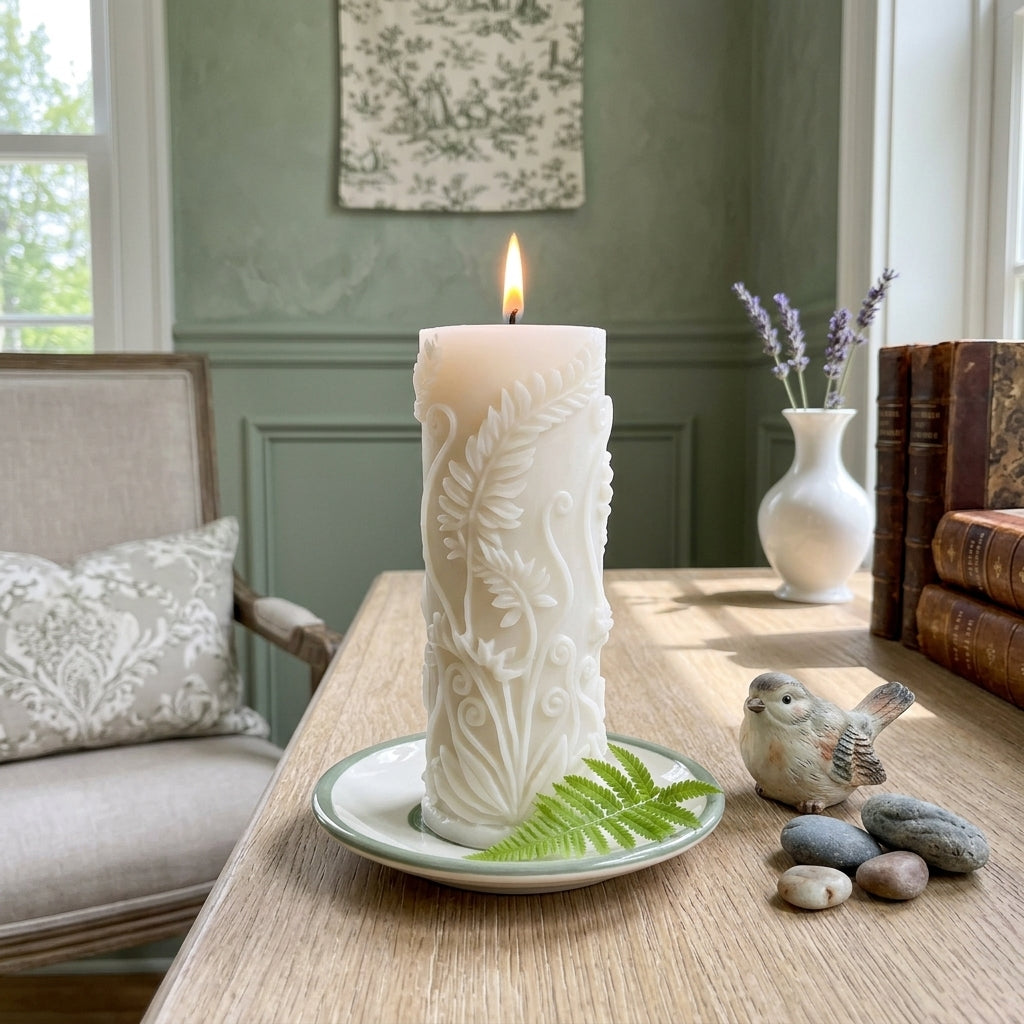 Fern Pillar Beeswax Candle in Yellow or White - - Candles